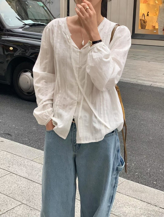 // 高質純棉花邊壓褶BL