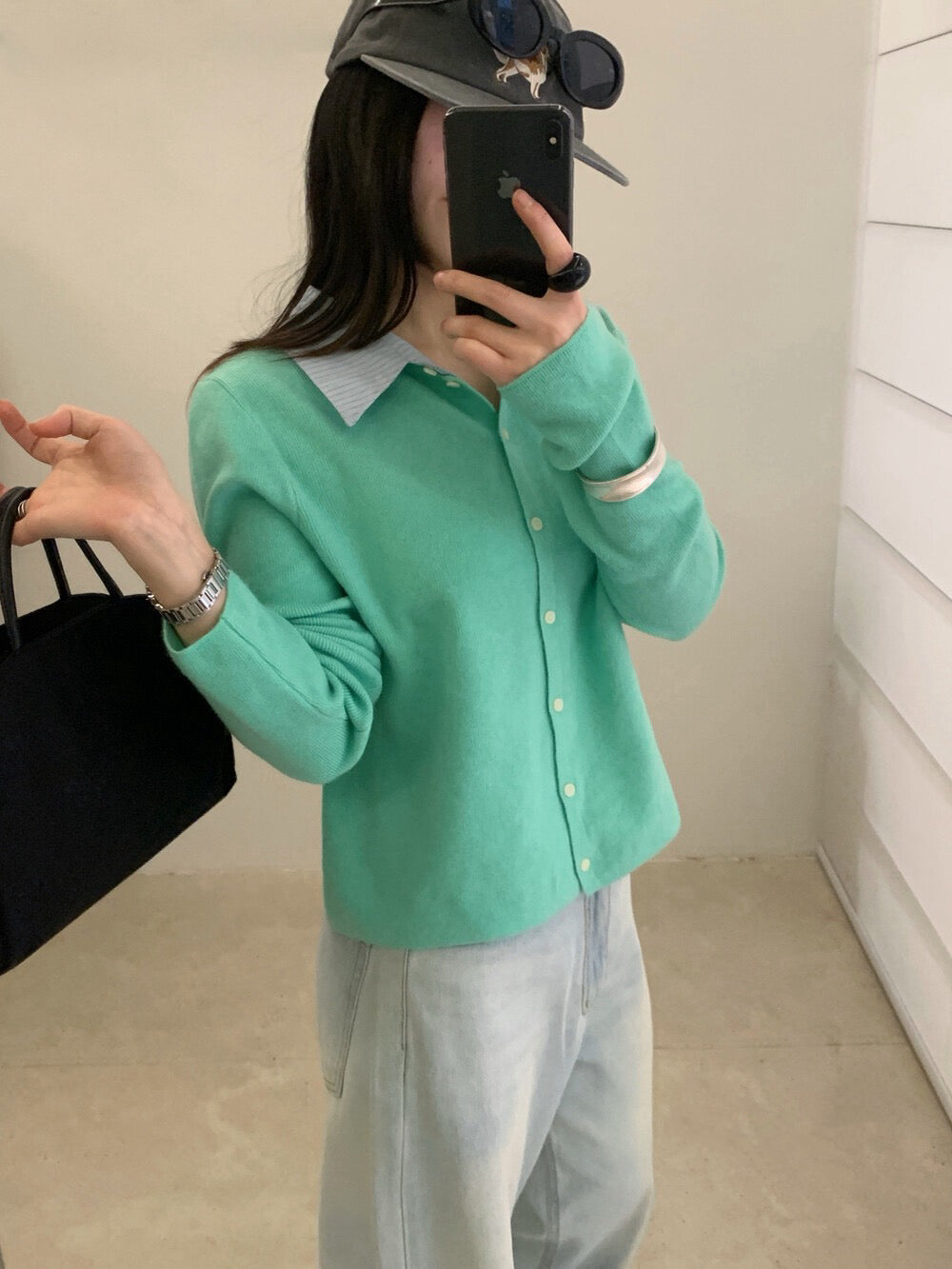 // 拼接間條恤衫領假兩件針織上衣