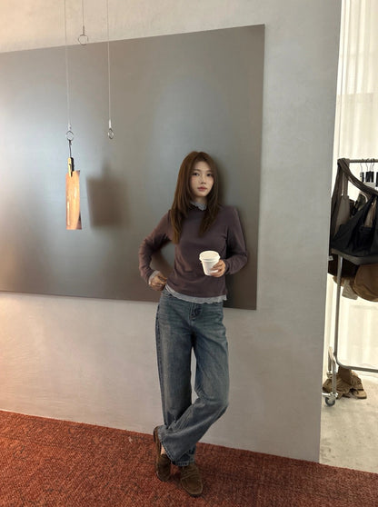 B198 / 半高領拼接lace打底TEE