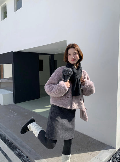 // V領雙排扣毛毛皮毛一體外套(連袋仔)