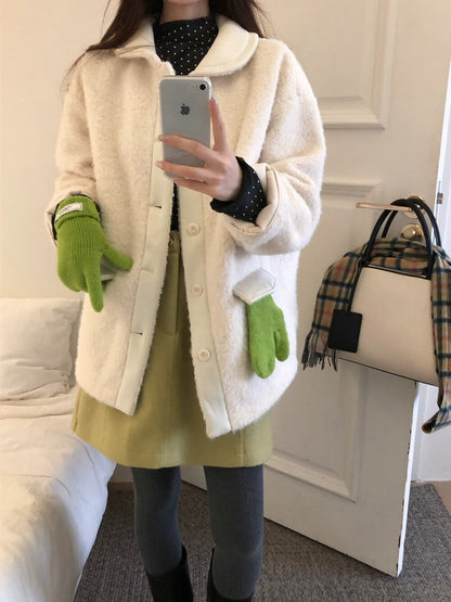 // 拼接材質羊羔毛翻領中長外套