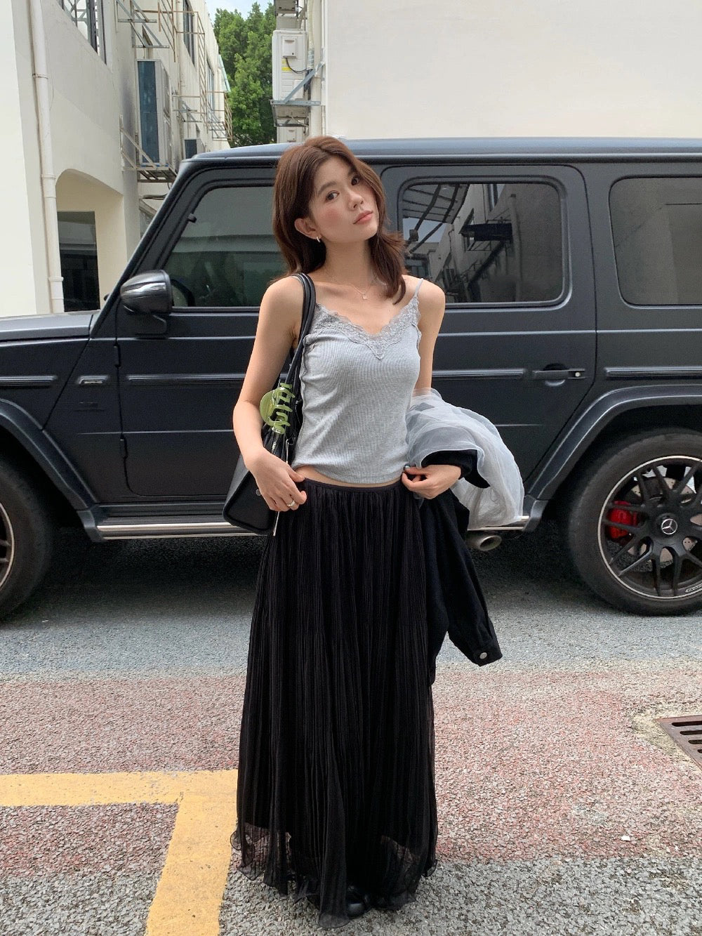 S25 / 卷卷邊大裙擺立體細百褶真絲半身裙