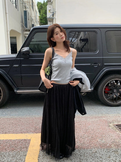 S25 / 卷卷邊大裙擺立體細百褶真絲半身裙