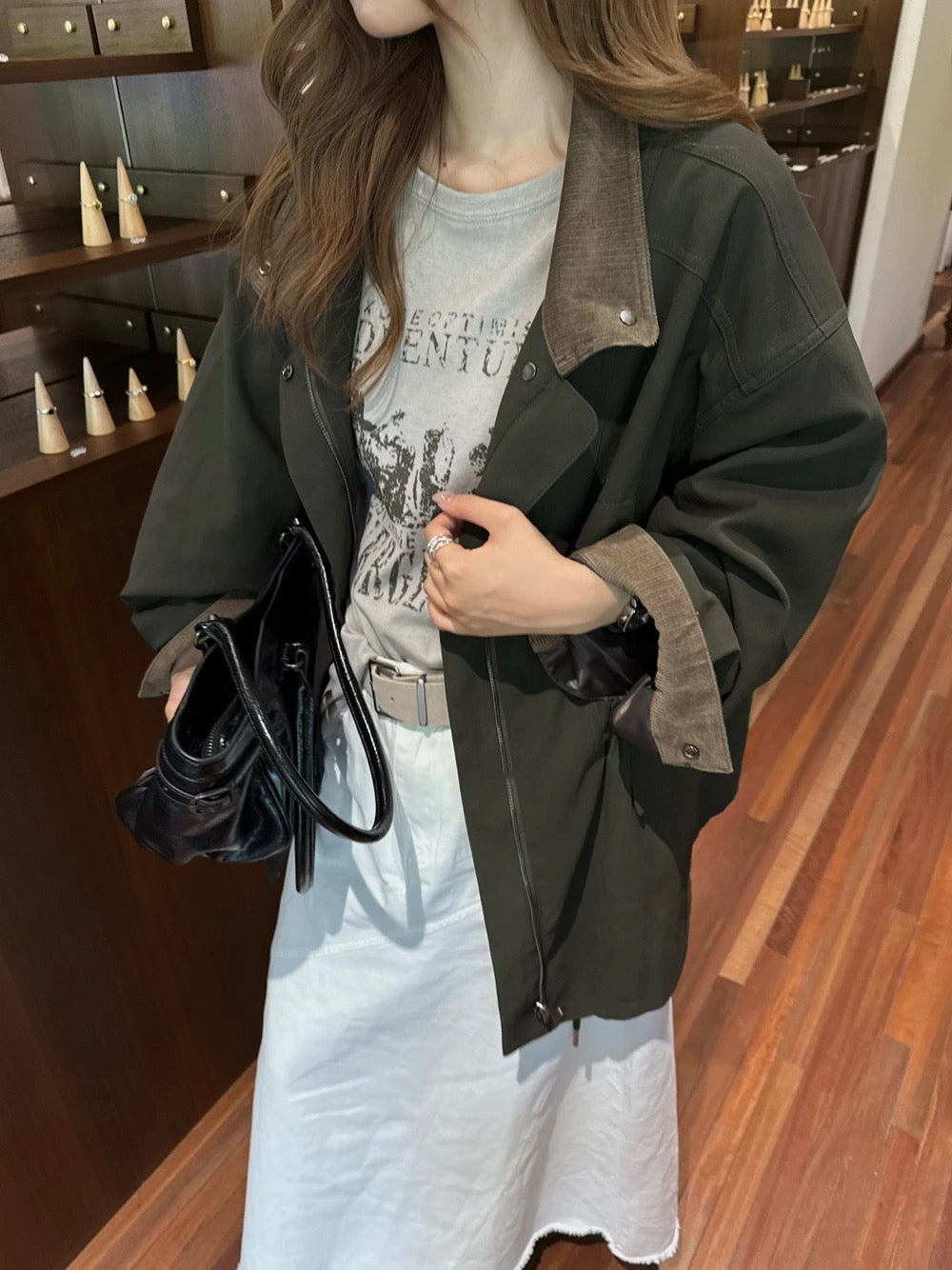 J29 / 美式復古拼燈芯絨領可束腰中長trench coat