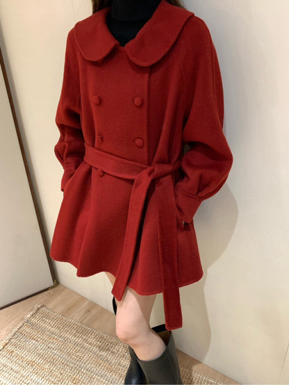 // 超柔軟100%羊毛娃娃領雙排扣手工外套