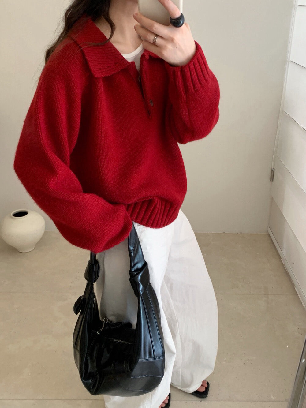 // 超韓領鈕扣粗坑紋翻領毛衣