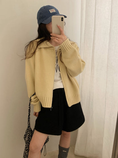 // 直坑紋大翻領上下拉鍊落肩CD