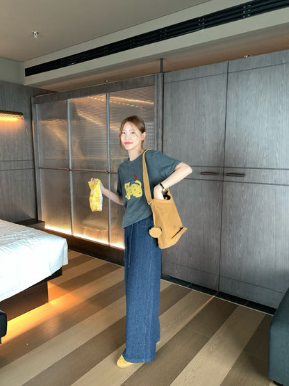 // 超直褲型抽繩綁帶腰軟牛仔褲