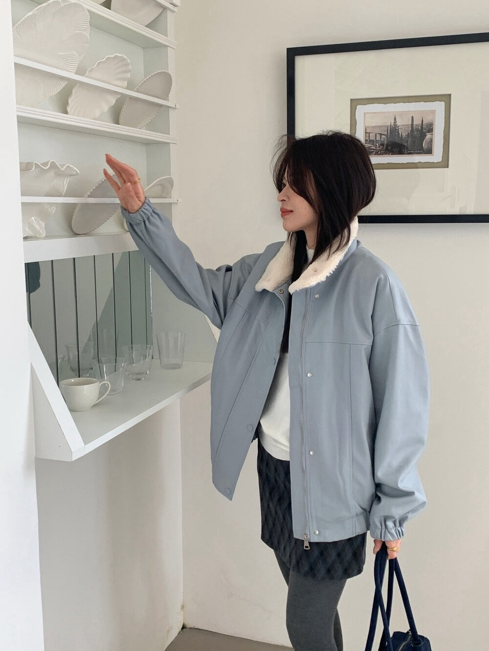 // 甜酷風毛毛領夾棉皮外套