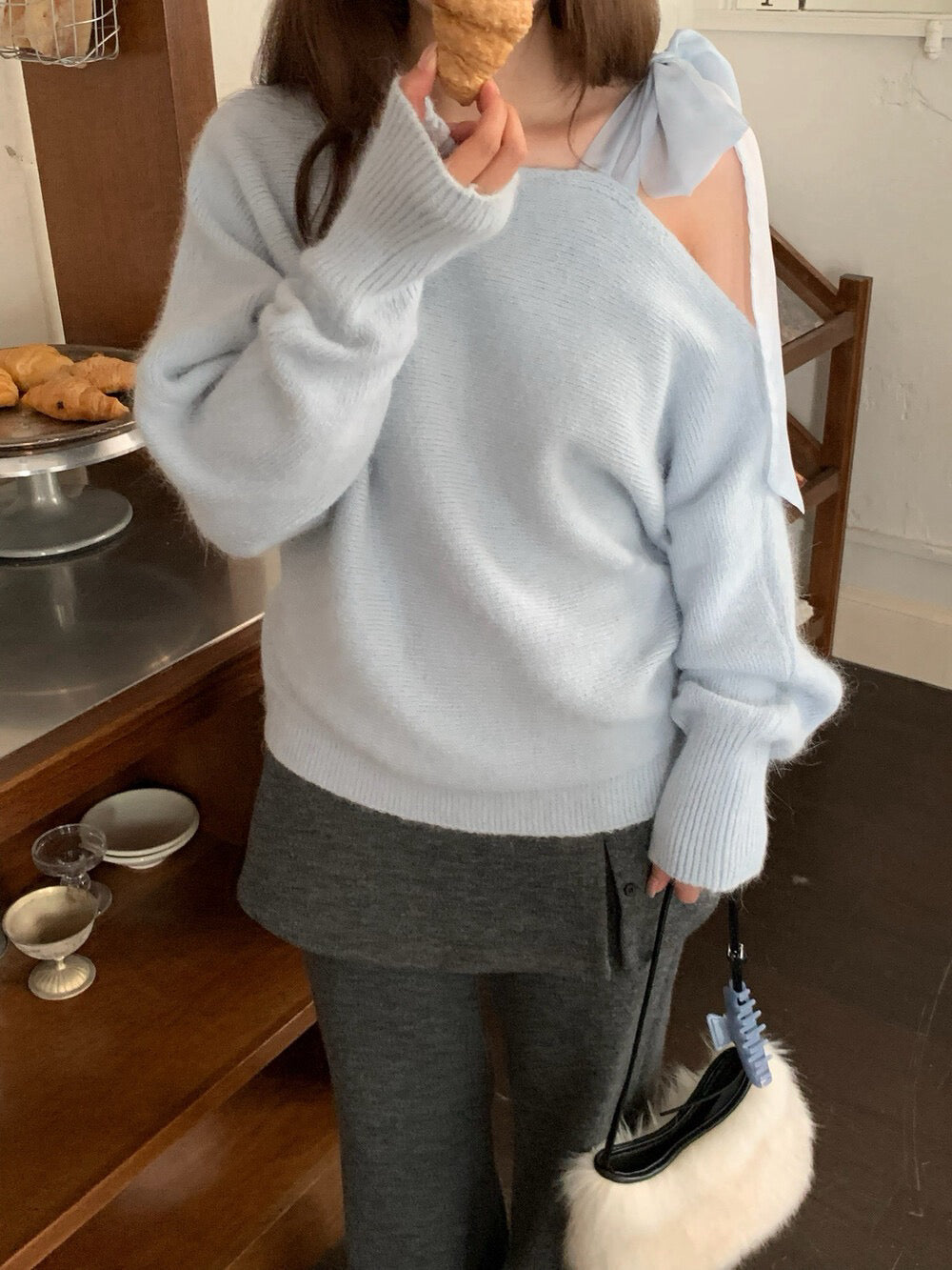 // 斜肩lace綁帶毛衣