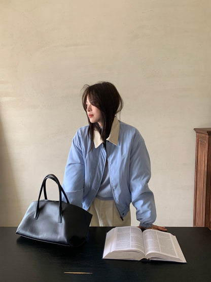 // 可愛小刺繡拼燈芯絨領夾棉外套