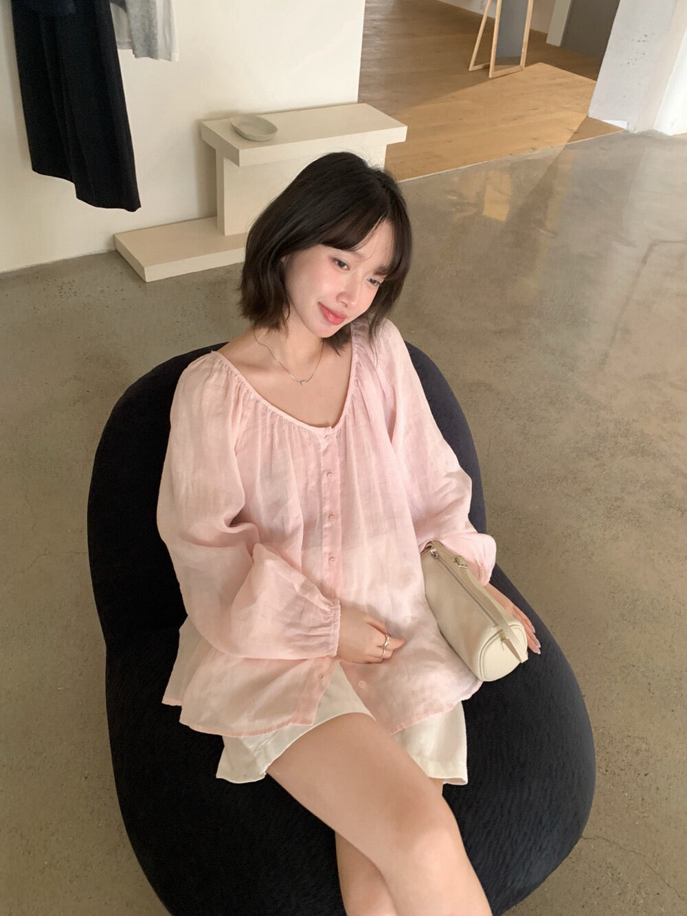 // 後綁帶排扣寬鬆麻質BL