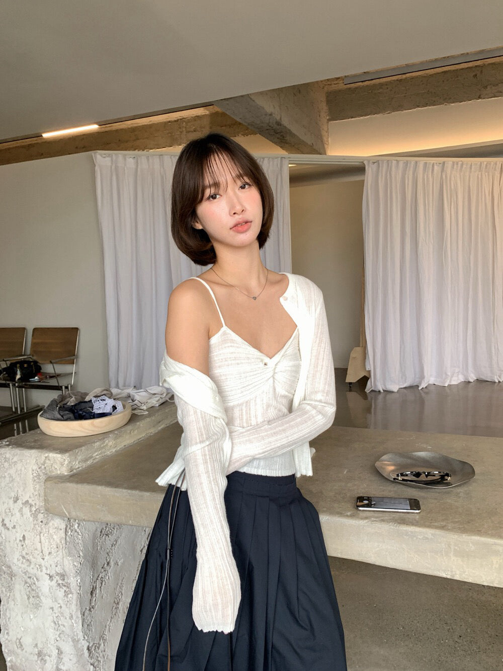 💭 扭結直紋理吊帶+外套套裝