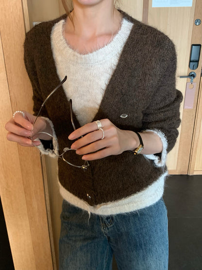 // 10%wool質感不規則鈕扣假兩件毛衣