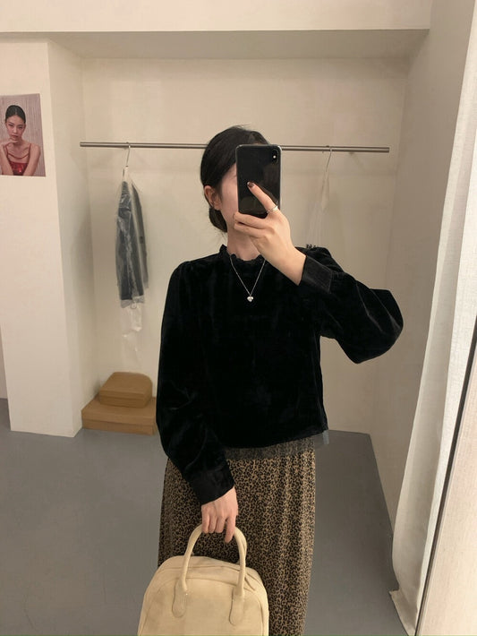 // 氣質絲絨花邊領後綁帶拼lace腳BL