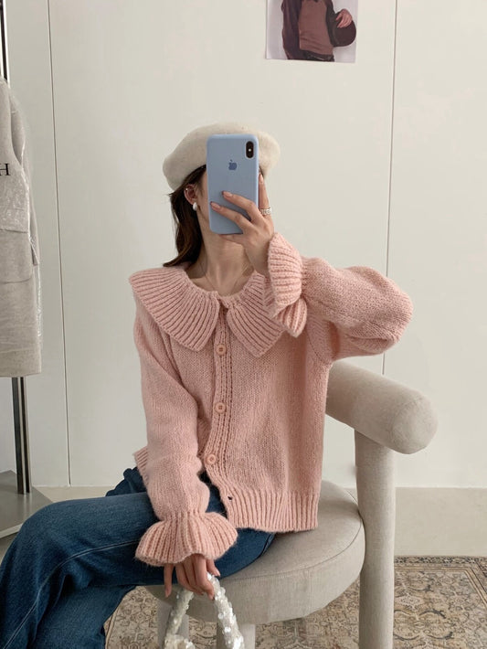 // 大荷葉領+袖開胸毛衣