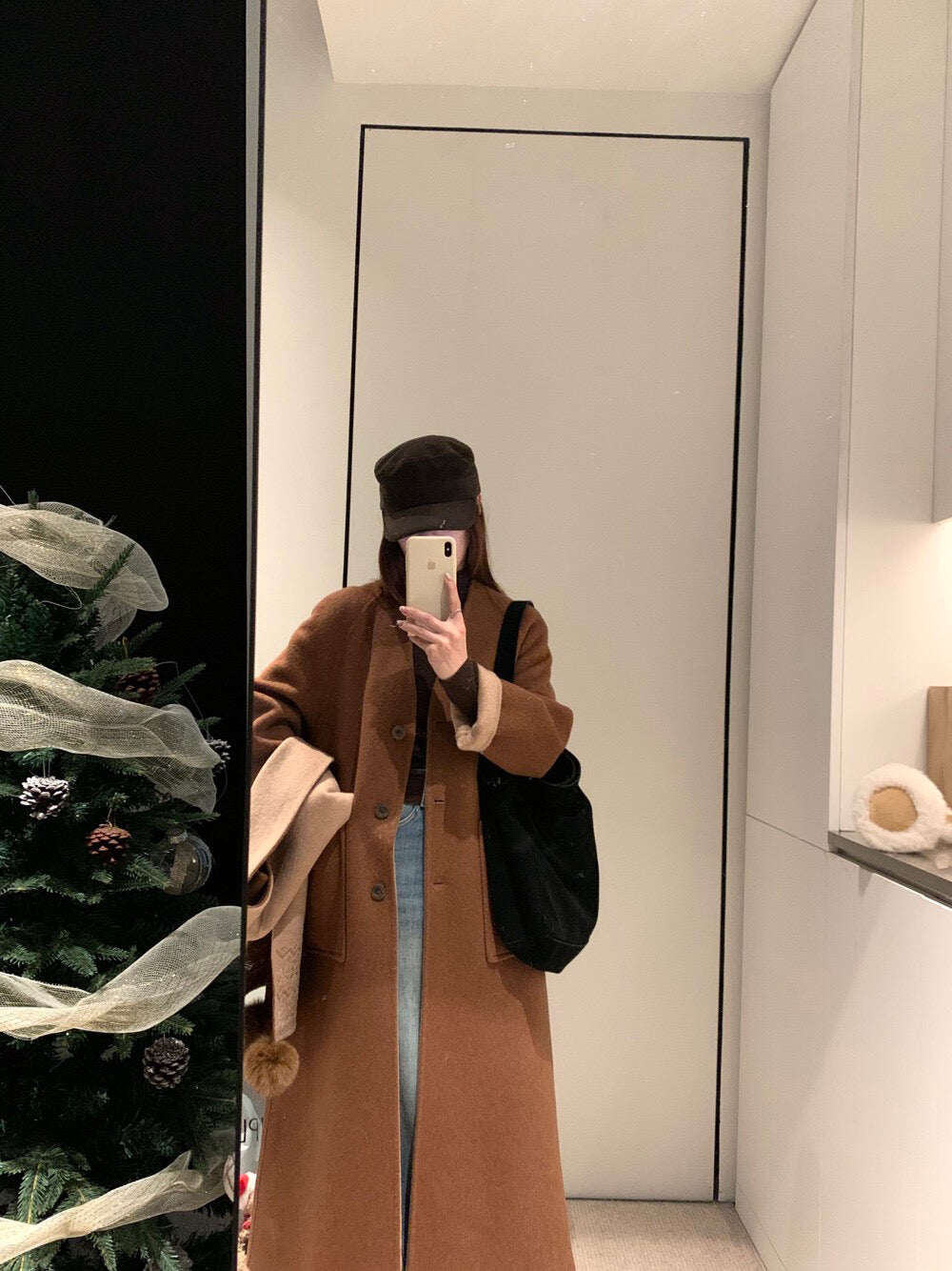 // 70%綿羊毛簡約插肩V領長款手工羊毛外套(連頸巾)