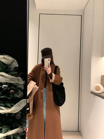 // 70%綿羊毛簡約插肩V領長款手工羊毛外套(連頸巾)