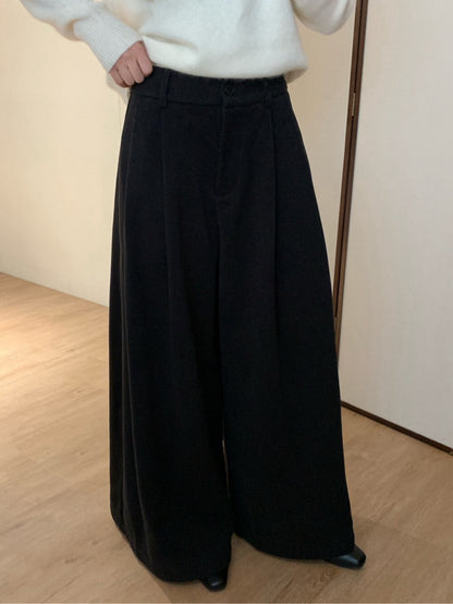 // 超遮肉壓褶闊腳毛呢褲