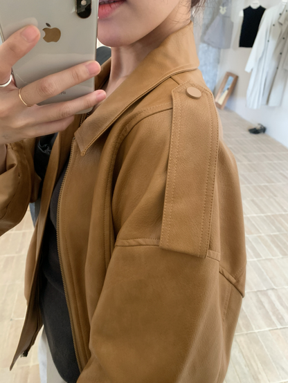 // 復古帥氣彷皮機車外套