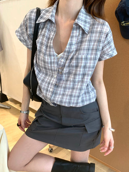 // 復古感拼色格紋恤衫