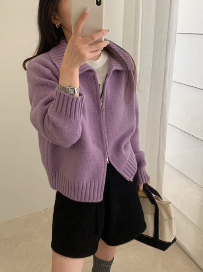 // 直坑紋大翻領上下拉鍊落肩CD