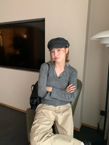 // 超韓疊穿掛頸背心+V領外套兩件套