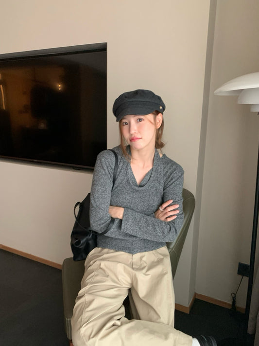 // 超韓疊穿掛頸背心+V領外套兩件套