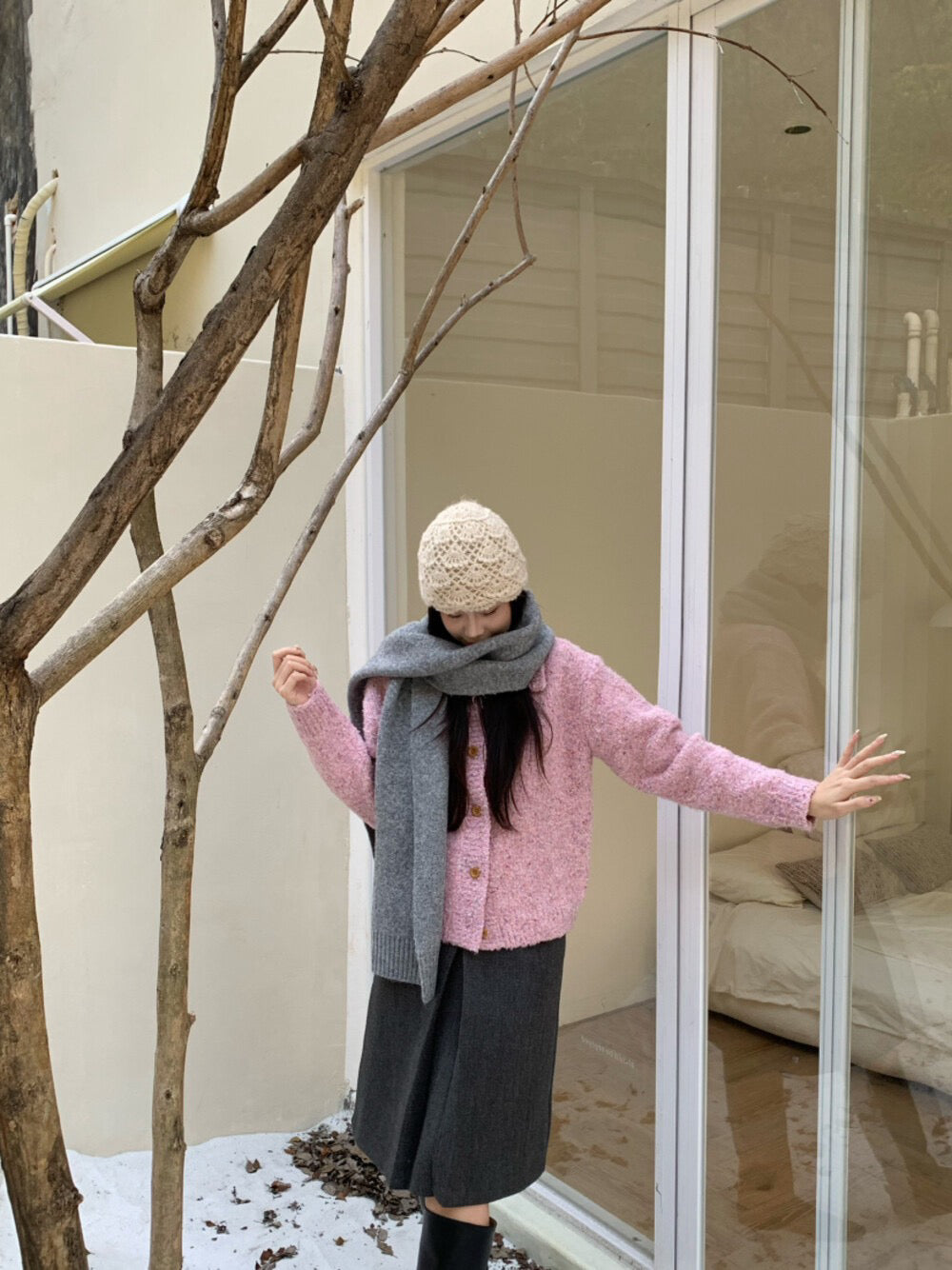 // “草莓牛奶”混針翻領開鈕毛衣