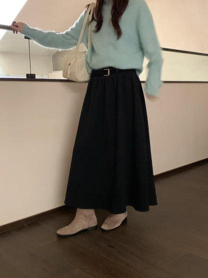 // 7%wool壓褶A字超遮肉半截裙(連腰帶)