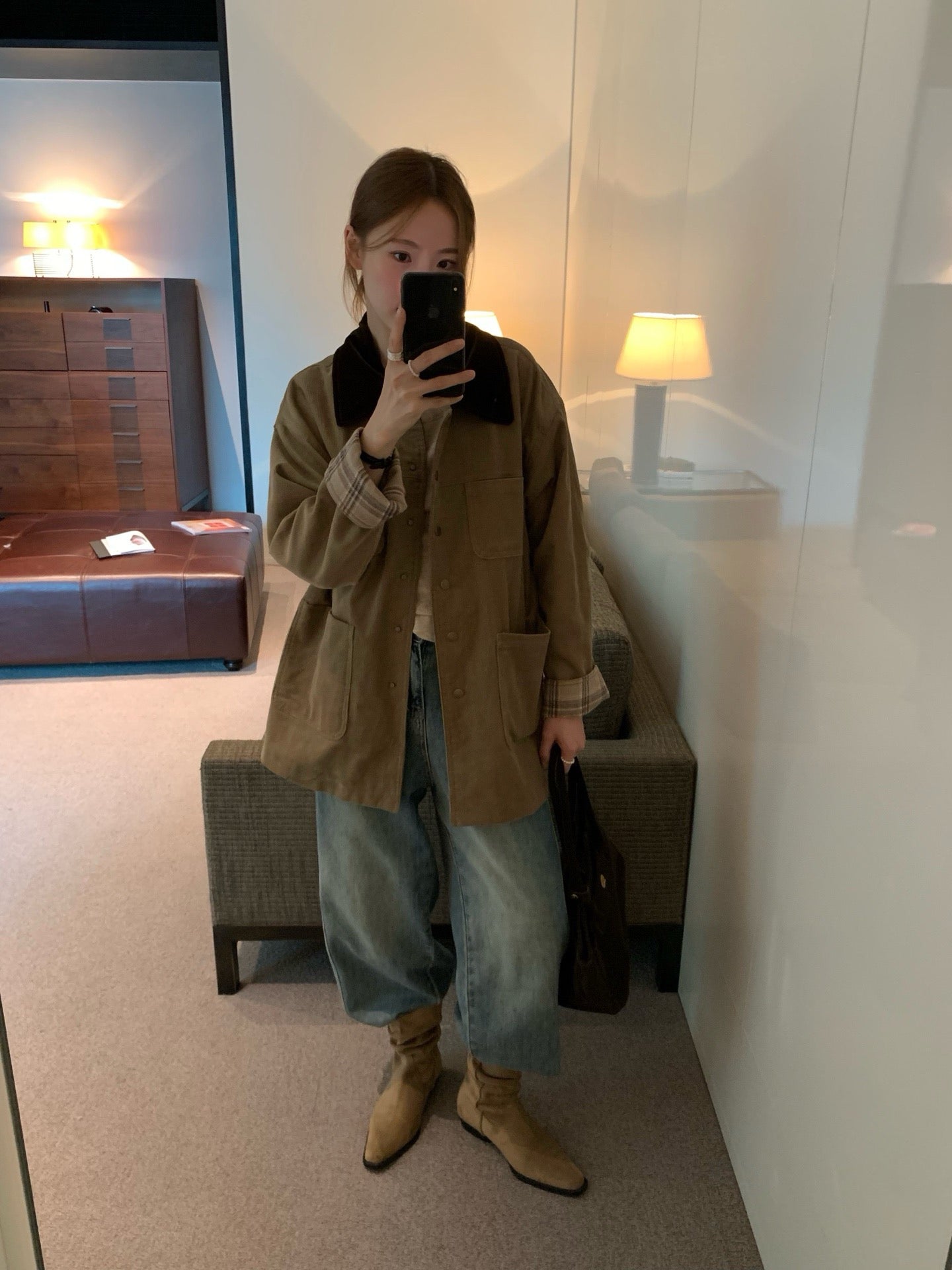 // 絨面領拼燈芯絨格紋拼布中長外套