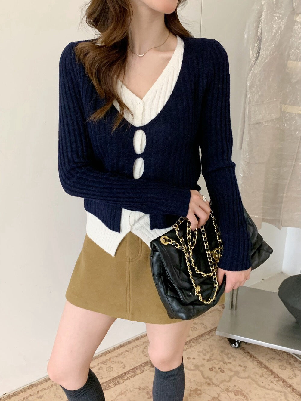 // 超顯瘦撞色假兩件針織上衣