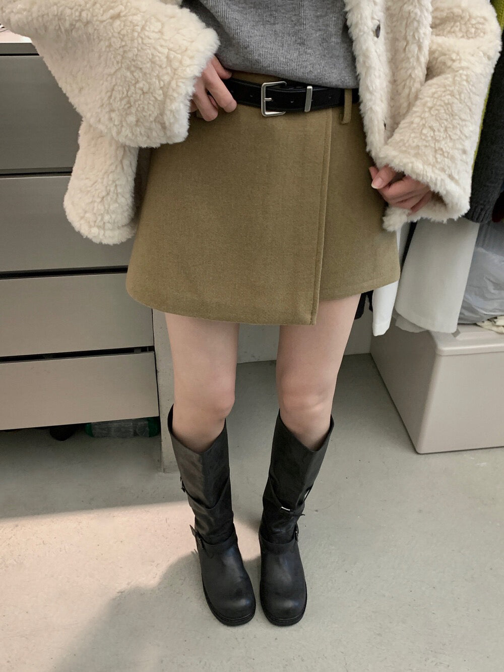 // 10%wool超拉長比例的連腰帶雙層毛呢短裙(內連內裡打底褲)