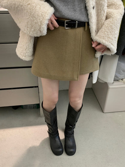 // 10%wool超拉長比例的連腰帶雙層毛呢短裙(內連內裡打底褲)