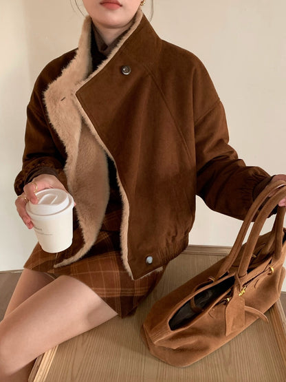 // 帥氣隨性領子皮毛一體麂皮絨外套