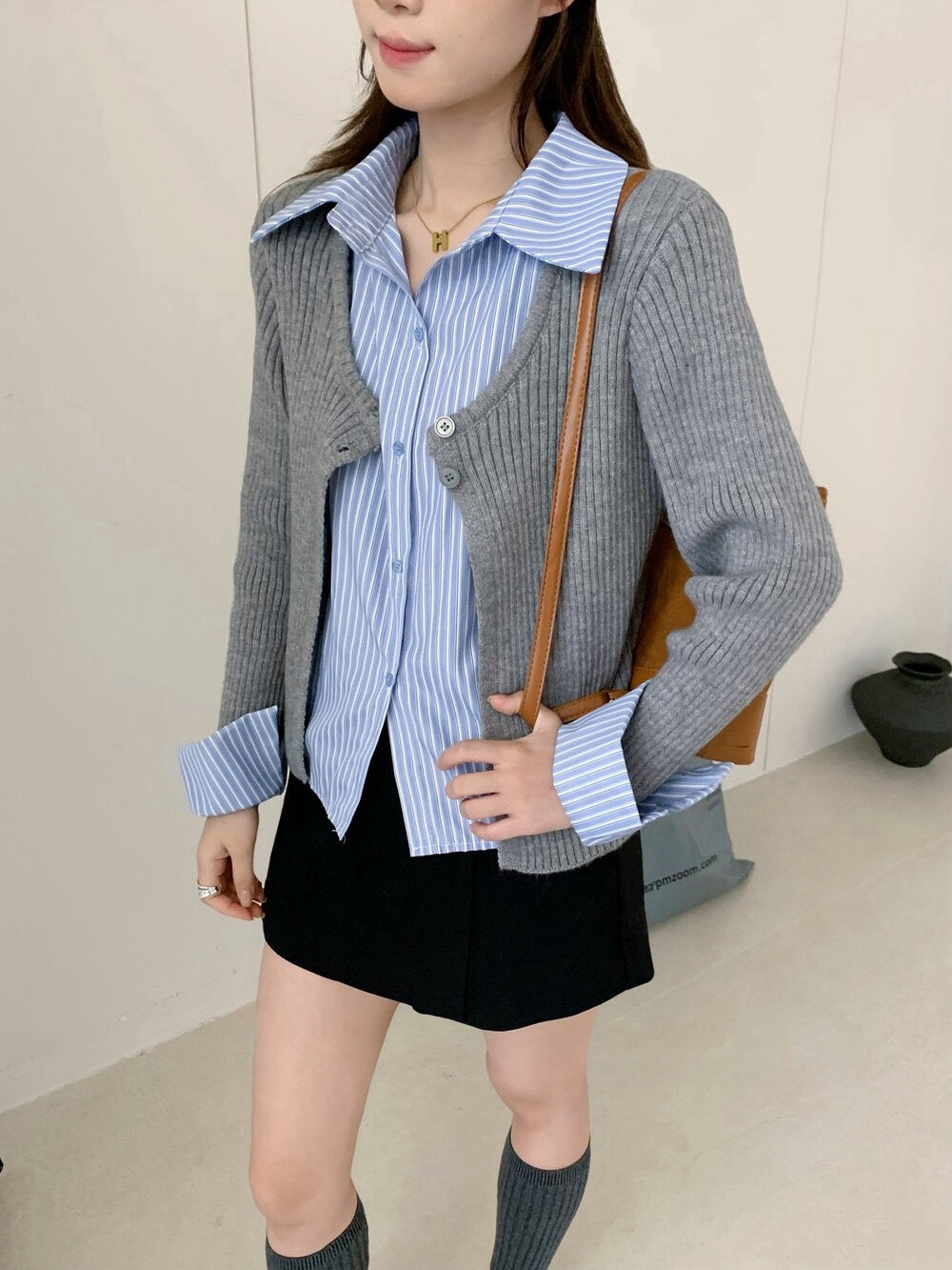 // 間條恤衫拼接針織外套假兩件上衣