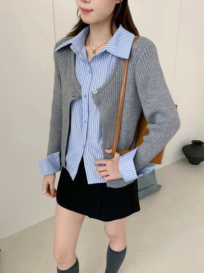 // 間條恤衫拼接針織外套假兩件上衣