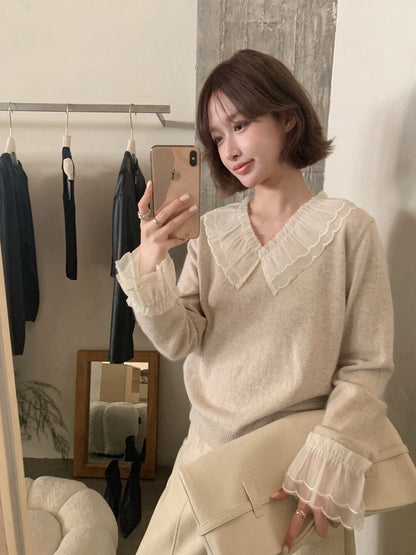 // 拼接花邊lace領+袖混羊毛NT