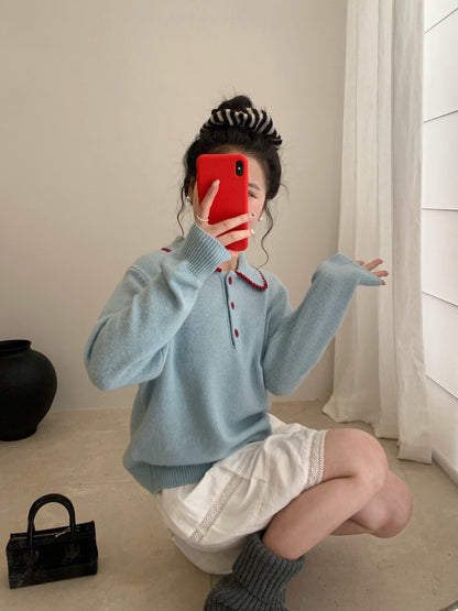 // 100%羊毛撞色包邊縫線鈕扣翻領NT