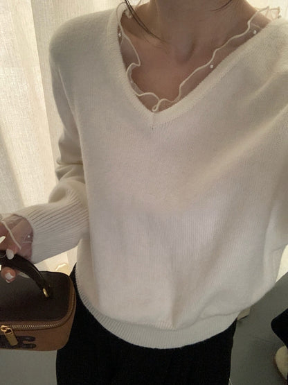 // 5%羊毛拼接lace+釘珠V領NT