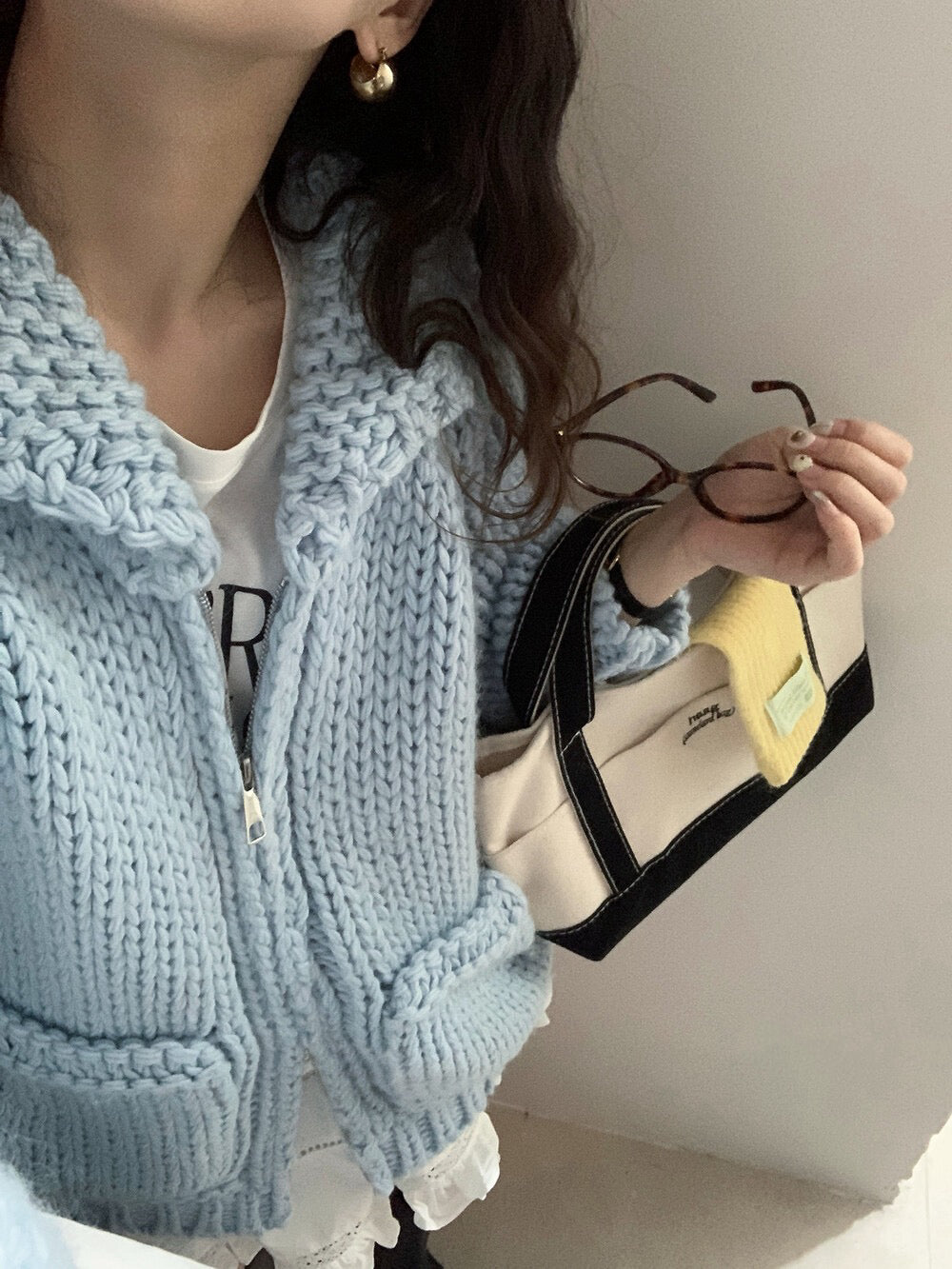 // 30%wool粗棒針手工織感圓翻領口袋拉鍊CD