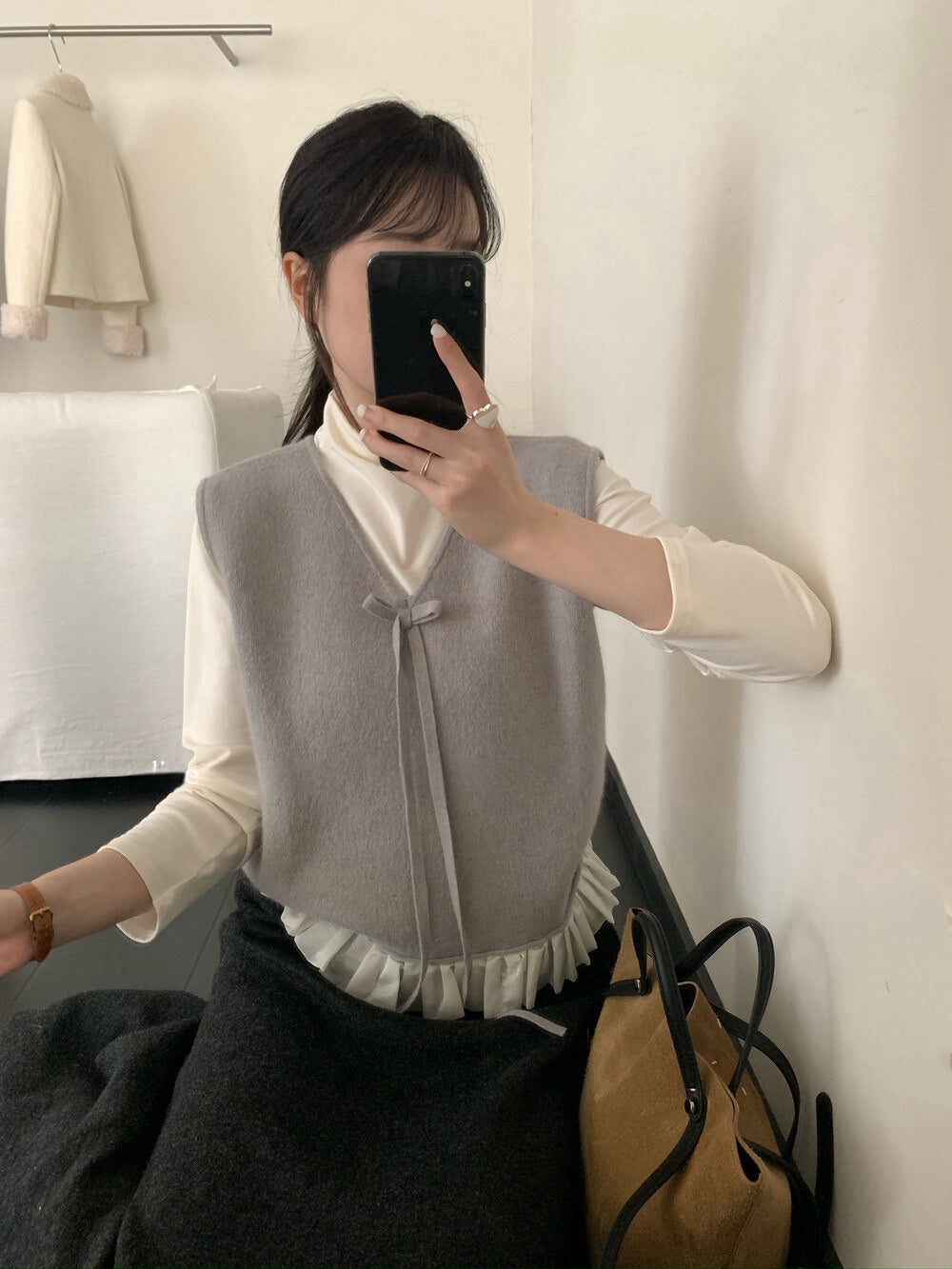 // 蝴蝶結設計拼接花邊針織背心+混羊毛打底套裝