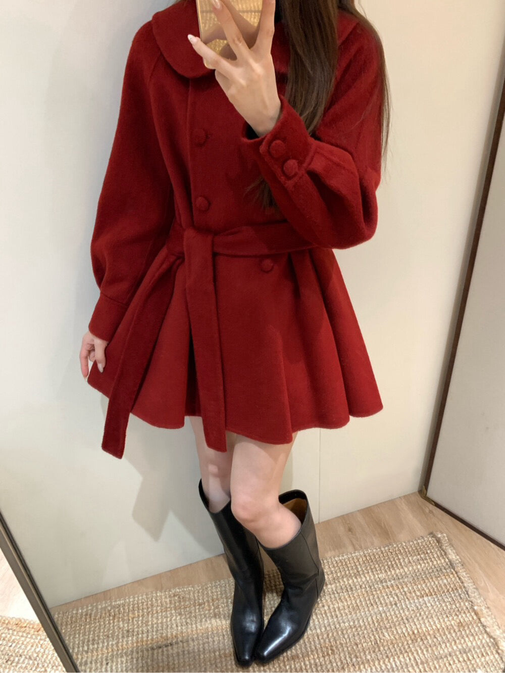 // 超柔軟100%羊毛娃娃領雙排扣手工外套