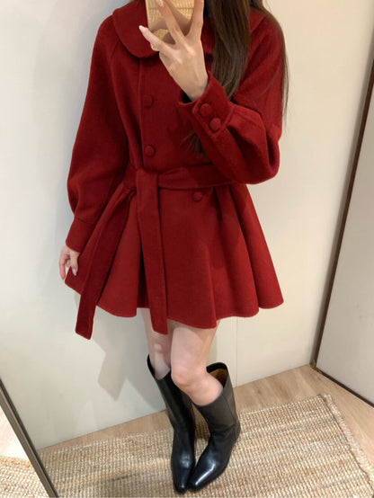 // 超柔軟100%羊毛娃娃領雙排扣手工外套