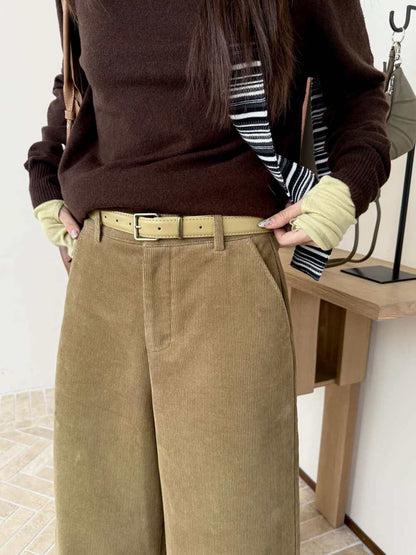 // 顯瘦版型燈芯絨直腳九分褲(連腰帶)