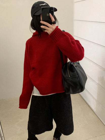 // 粗織紋領位連帽卷卷邊毛衣
