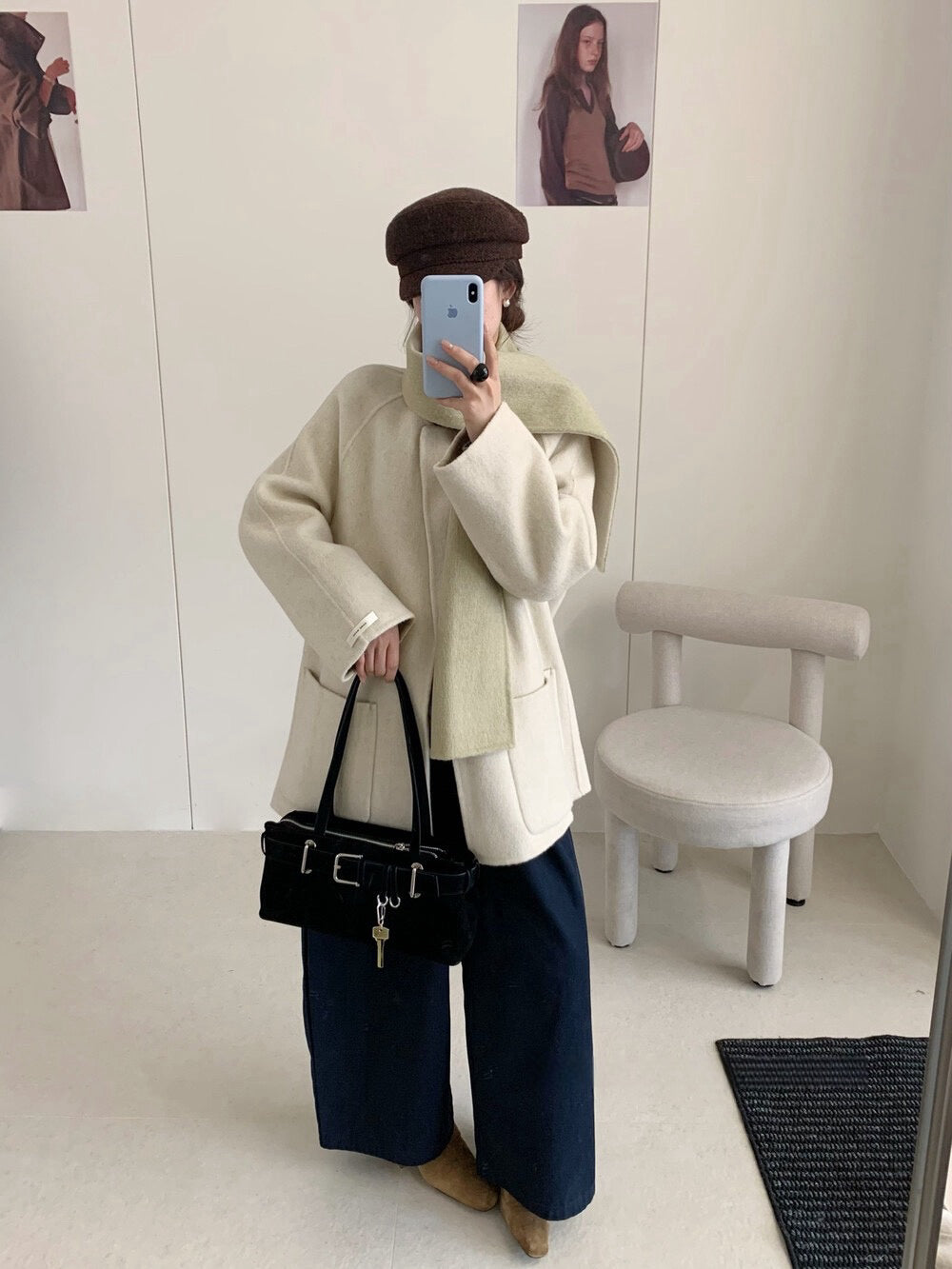 // 超氣質內撞色簡潔圓領100%手工雙面羊毛外套(連頸巾)