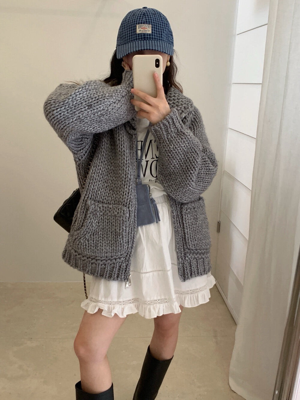 // 30%wool粗棒針手工織感圓翻領口袋拉鍊CD