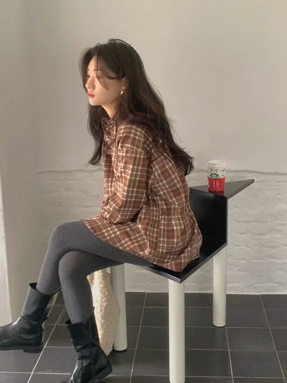 // 木耳邊可綁腰格紋BL