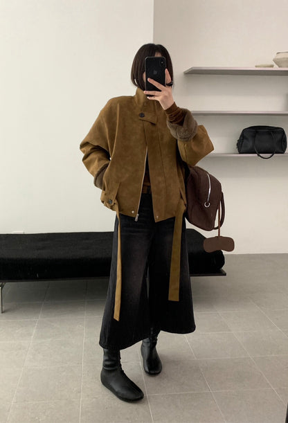 // 版型超好的拼毛毛底蛋白皮外套￼